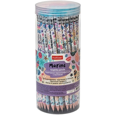 Карандаш ч/гр  Marine/Маринэ Ассорти HB круглый с ластиком с заточ. BL_079540 Hatber