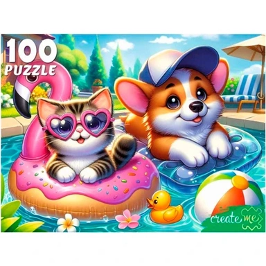 Пазл 100 Котенок и щенок в бассейне УК100-0235