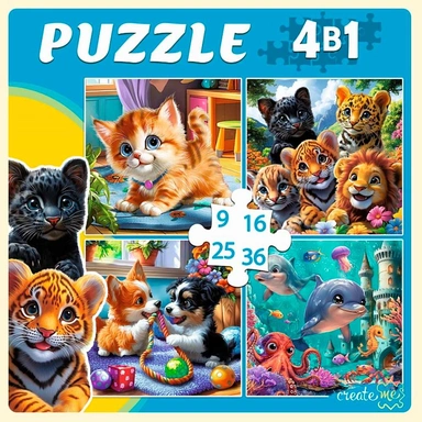 Пазл 4 в 1 9,16, 25, 36 эл. В удивительном мире животных П-7583