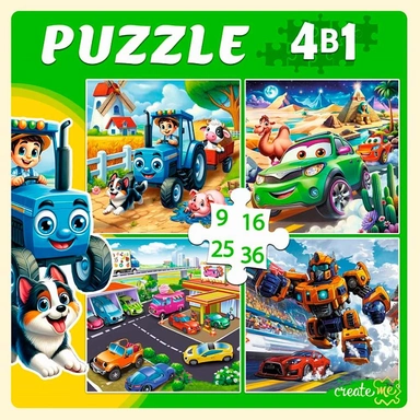 Пазл 4 в 1 9,16, 25, 36 эл. Набор для мальчиков П-7586