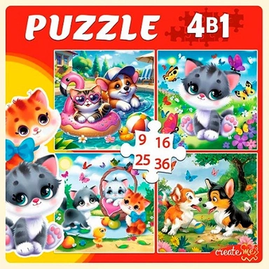 Пазл 4 в 1 9,16, 25, 36 эл. Домашние любимцы П-7584