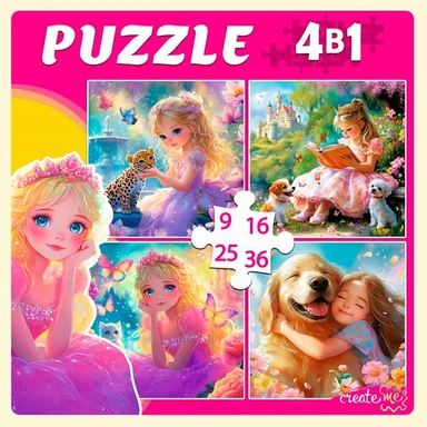 Пазл 4 в 1 9,16, 25, 36 эл. Принцессы с любимыми животными П-7589