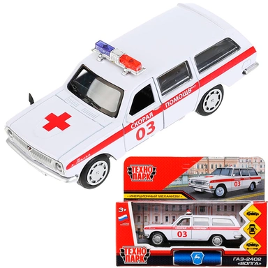 Модель 2402-12AMB-WH ГАЗ-2402 Волга Скорая белая Технопарк в коробке