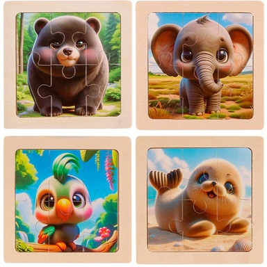 Деревянная Пазл-рамка Милые животные-4 10x10 см, 4 шт. в наборе ИД-0208