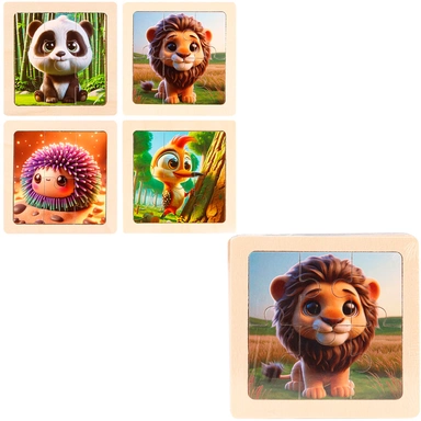 Деревянная Пазл-рамка Милые животные 10x10 см, 4 шт. в наборе ИД-0205