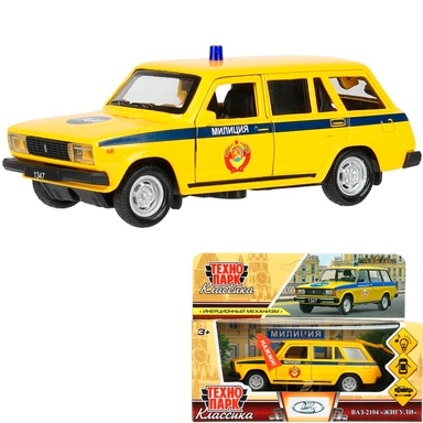 Модель 2104-12SLPOL-YE свет-звук ВАЗ-2104 жигули милиция 12 см,двери,желтый Технопарк в кор.