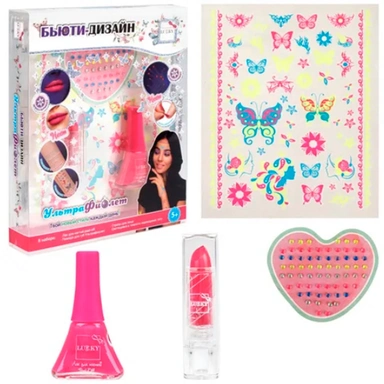 Набор Бьюти-Дизайн Ультрафиолет с лаком д. ногтей и помадой д. губ Ультрафиолет, свет. в темноте переводными тату и стразами д.лица Т23845