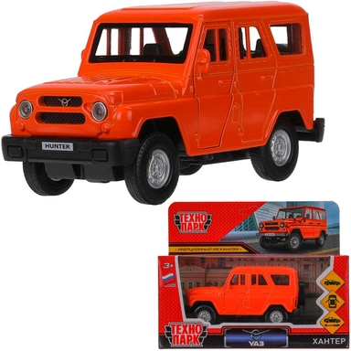 Модель HUNTER-12-OG Уаз Хантер 12 см, двери, багаж, инерц, оранжевый Технопарк в кор.