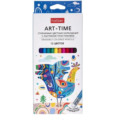 Карандаши цвет. 12 цв. стираемые с ластиком ART-TIME 085923 Hatber