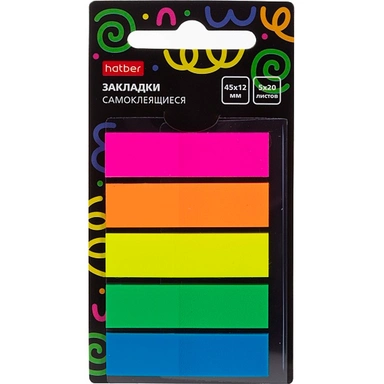 Закладки NEON прямоугольные Самоклеящ. пластик 45х12мм 5 цв. 20л 090303