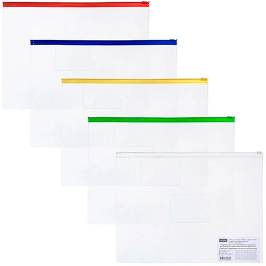 Папка-конверт на молнии А4ф с карманом для визитки Прозрачная 130мкм 325х240мм Ассорти 086342