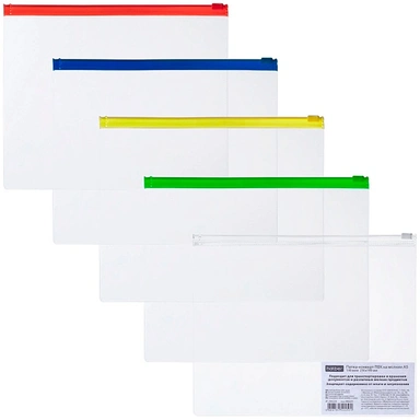 Папка-конверт на молнии А5ф Прозрачная 130мкм 230х190мм Ассорти 086225