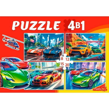 Пазл 4 в 1 Гоночные машинки 8, 12, 15, 20 эл. П-3410