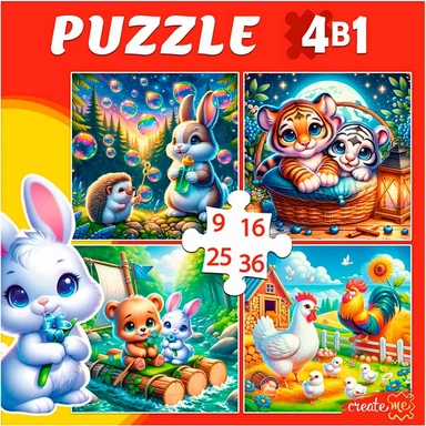 Пазл 4 в 1 Добрые зверята 9,16, 25, 36 эл. П-3418
