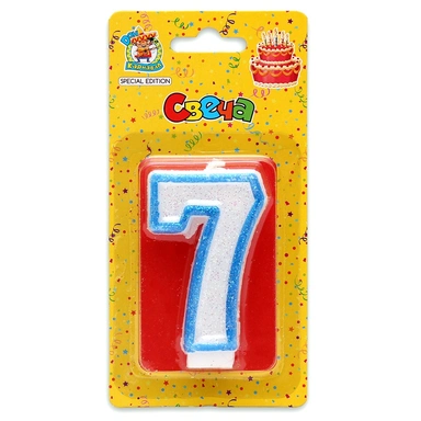 Свеча цифра 7 с синей окантовкой с блестками С-1105